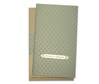 Multifaith Indian wedding card in light brown and powder blue color