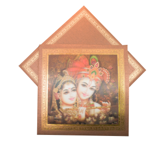 3-D Radha Krishna Hindu Wedding card on a Brown textured paper with golden border