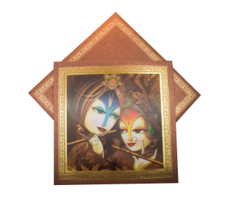 3-D Radha Krishna Wedding card on a Brown textured paper with golden border