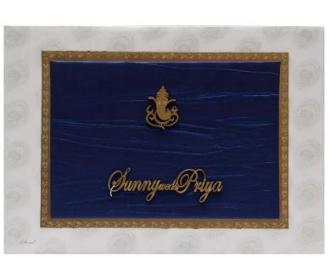 BookStyle Indian Wedding card in Blue satin and colorful images