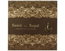Shimmering Brown Hindi wedding card with multicolor Inserts