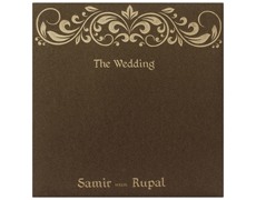 Shimmering Brown Hindi wedding card with multicolor Inserts
