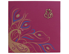 Fuschia wedding card with peacock design