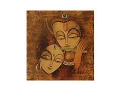 Hindu Wedding Card in Antique Golden with Radha Krishna & Flute