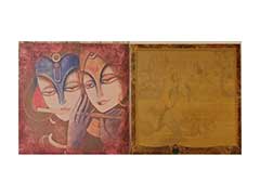 Hindu Wedding Card in Antique Golden with Radha Krishna & Flute