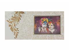 Hindu wedding card in Cream and Golden with Radha Krishna in 3D