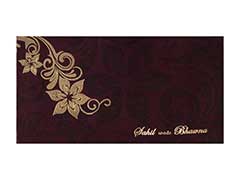 Indian Wedding Card in Purple Satin with Golden Flowers