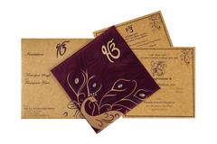 Sikh Wedding Satin Card in Purple and Golden with Peacock