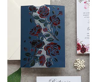 Asymmetric Rose Design Laser Cut Wedding Invitation in Navy Blue