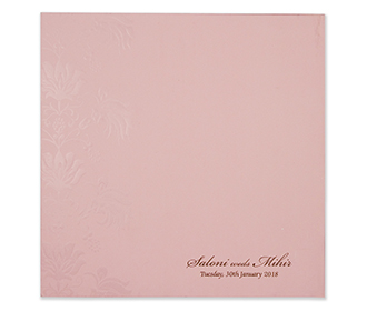 Baby pink multifaith indian wedding card with embossed floral design