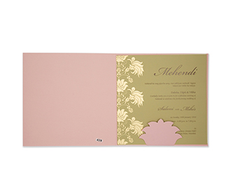 Baby pink multifaith indian wedding card with embossed floral design