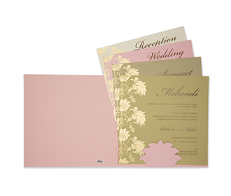 Baby pink multifaith indian wedding card with embossed floral design
