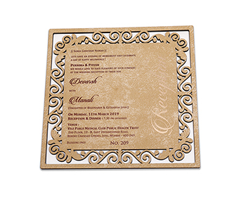 Beautiful cream color square laser cut wedding card in cardboard