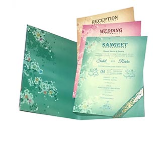 Beautiful floral wedding invitatioon in teal blue colour