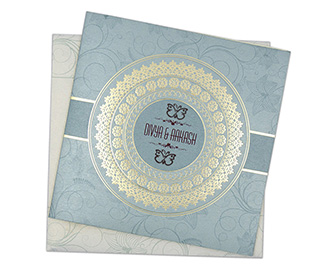 Bengali wedding invite in teal with a mandala design in golden