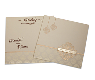Biscuit color modern wedding invite with golden ethnic motives