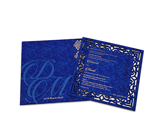 Blue color cardboard laser cut wedding invitation