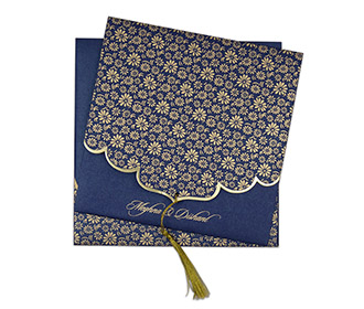 Blue color multifaith Indian wedding card in floral golden pattern