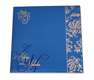 Blue colour multifaith wedding invite with golden flowers