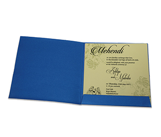 Blue colour multifaith wedding invite with golden flowers