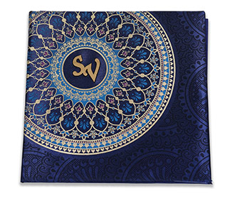 Blue Satin Indian wedding invitation with Mandala patterns