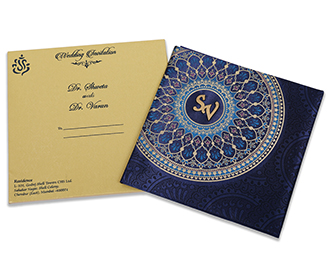 Blue Satin Indian wedding invitation with Mandala patterns
