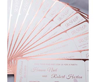 Boarding pass destination wedding invitation in metallic pink