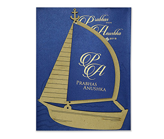 Boat shaped multi faith wedding invitation in blue