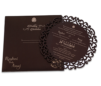 Brown color circular cardboard invite with laser cut design