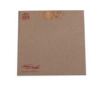 Brown colour Indian wedding invites with golden motifs