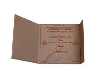 Brown colour Indian wedding invites with golden motifs