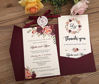 Burgundy color wedding invitation in floral theme
