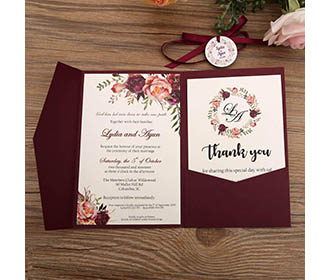 Burgundy color wedding invitation in floral theme