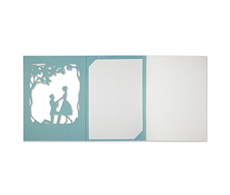 Card in Blue with a marriage proposal scene in laser cut design