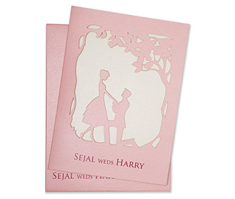 Card in Pink with a marriage proposal scene in laser cut design