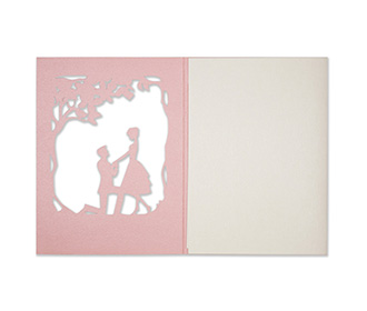 Card in Pink with a marriage proposal scene in laser cut design