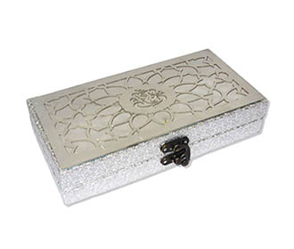 Cash box in silver rexine finish with laser cut ganesha design