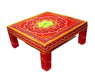 Chowki in red with multicolor Rangoli design - 