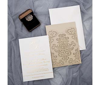 Christian wedding invite with champagne gold shimmer laser cut pocket