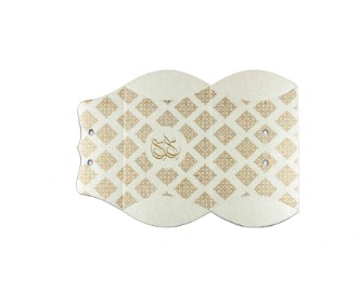 Clutch style party favour box in cream with printed initials and ribbon closure