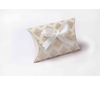 Clutch style party favour box in cream with printed initials and ribbon closure