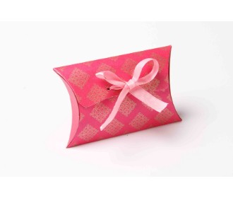 Clutch style party favour box in Pink color with printed initials and ribbon closure