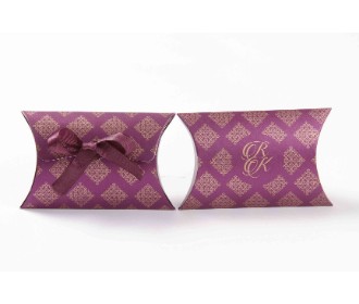Clutch style party favour box in Purple Color with printed initials and ribbon closure