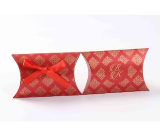 Clutch style party favour box in Red Colour with printed initials and ribbon closure