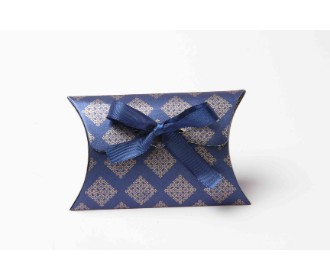 Clutch style party favour box in Royal Blue color with printed initials and ribbon closure