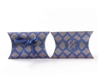 Clutch style party favour box in Royal Blue color with printed initials and ribbon closure