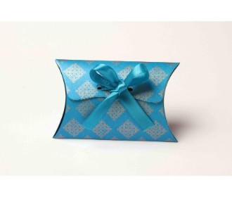 Clutch style party favour box in sky blue color with printed initials and ribbon closure