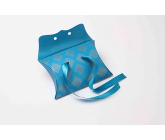 Clutch style party favour box in sky blue color with printed initials and ribbon closure