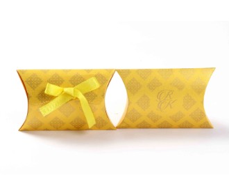 Clutch style party favour box in Yellow color with printed initials and ribbon closure