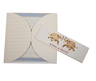 Cream colour Gate fold Royal Indian wedding invitation with golden elephants